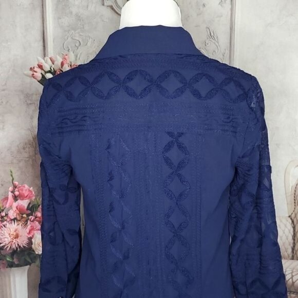 LAUNDRY by Shelli Segal Blue Embroidered Collared Long Sleeve Shirt Dress Size 2 - Picture 7 of 12